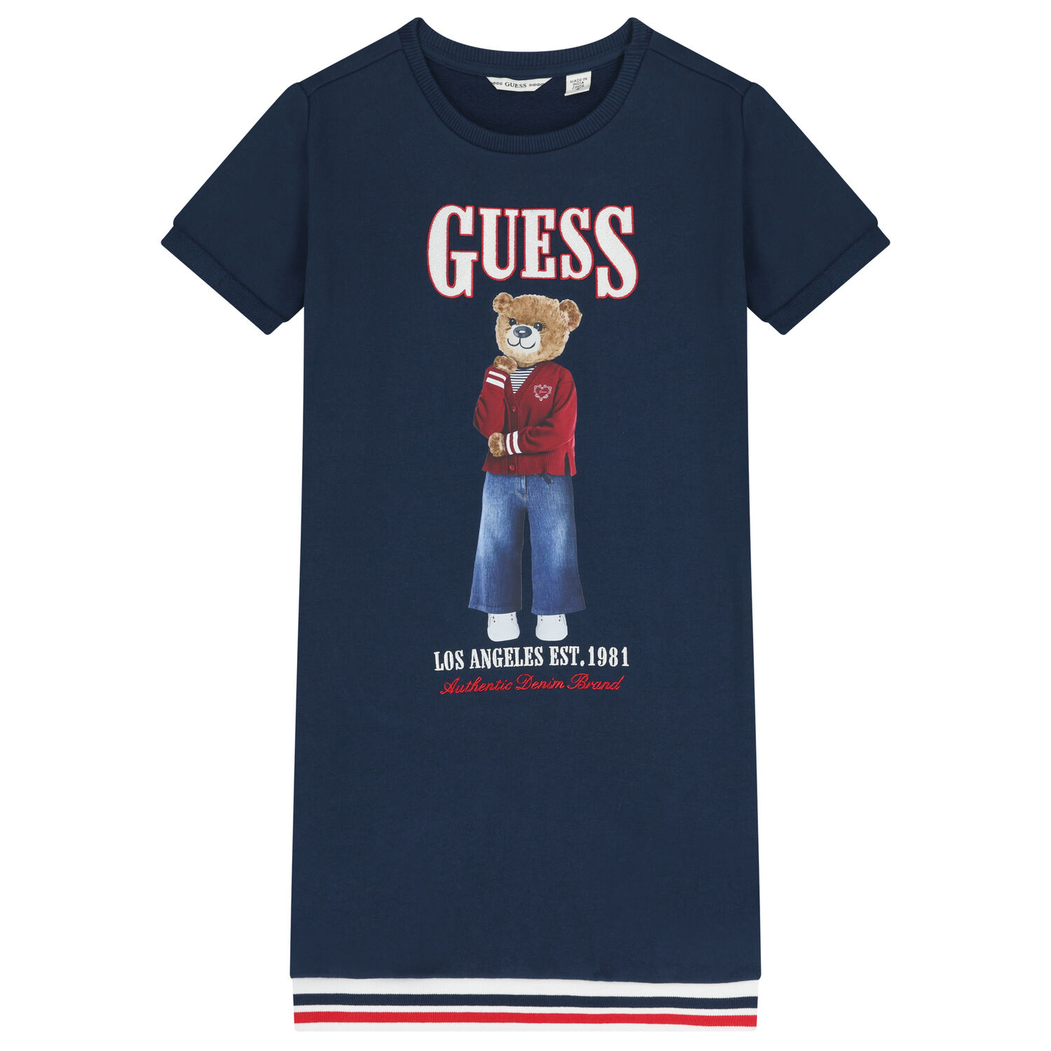 Girls Navy Blue Teddy Bear Logo Dress, 2, hi-res