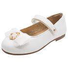 Girls White Leather Tulle Bow Shoes, 2, hi-res