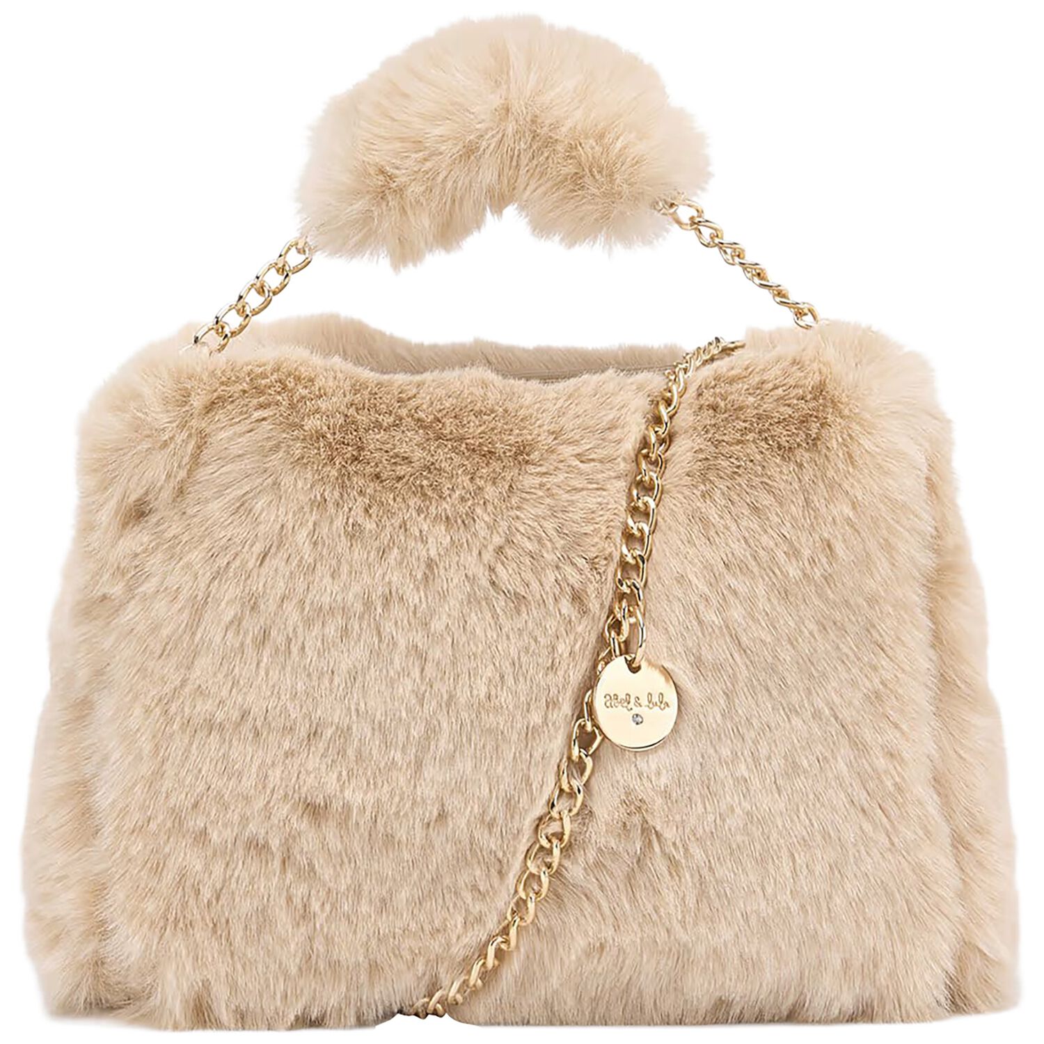 Girls Beige Faux Fur Handbag, 2, hi-res