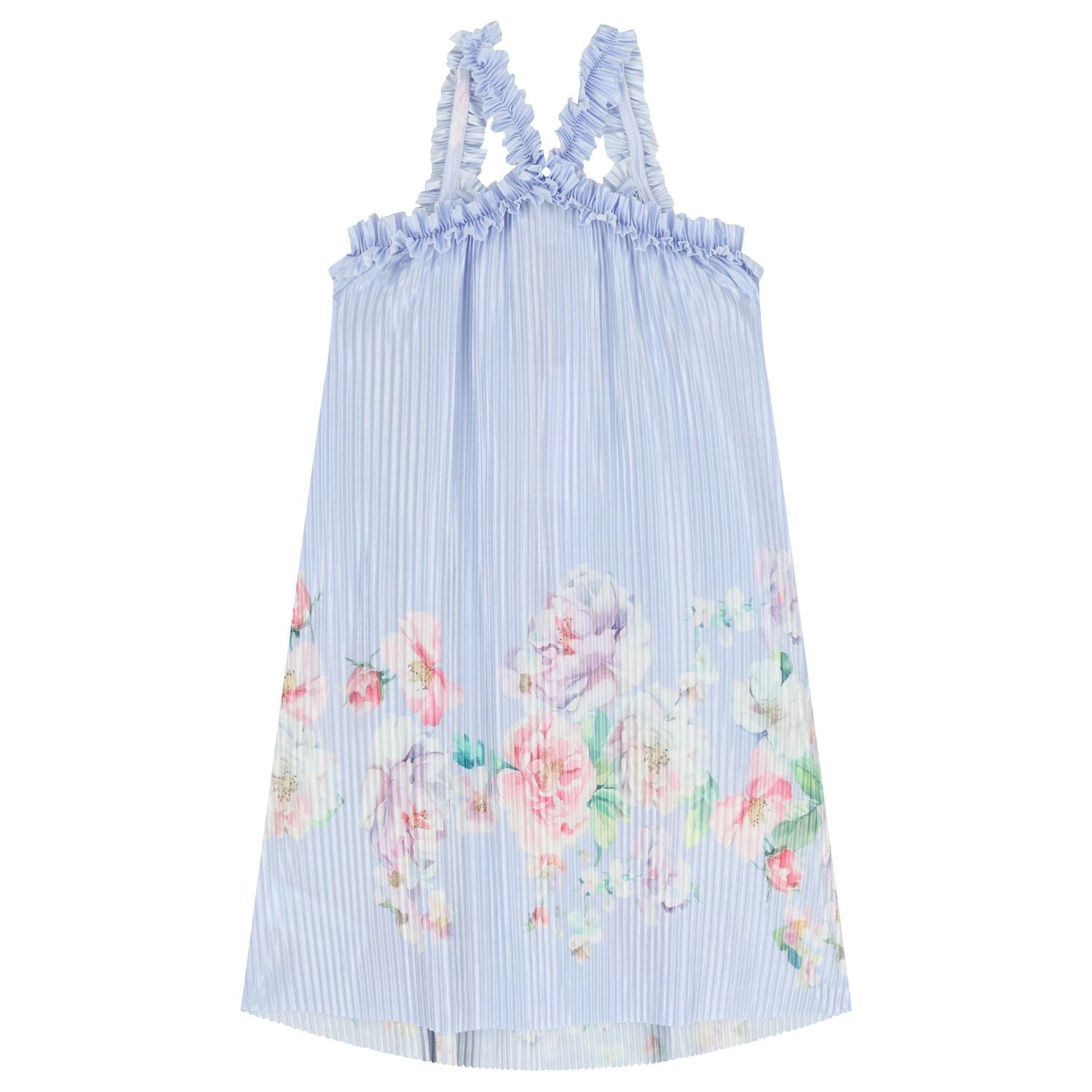 Girls Blue Floral Pleated Dress, 2, hi-res