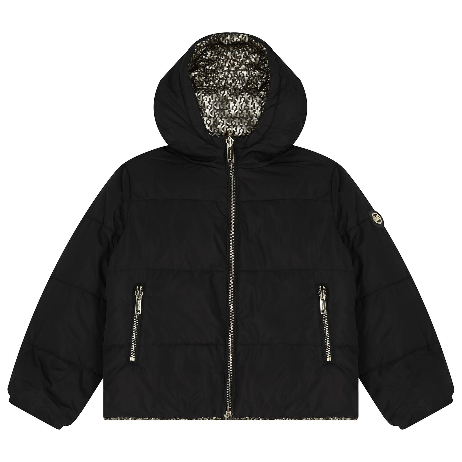 Girls Black & Silver Reversible Puffer Jacket, 1, hi-res