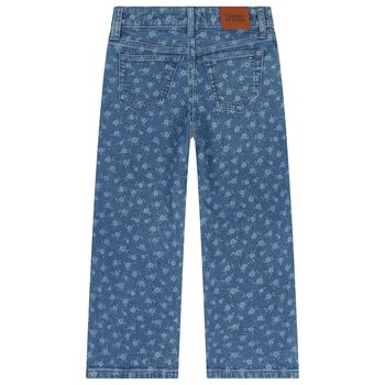 بنطلون بنات من الجينز دينيم مزين بالزهور باللون الازرق 
