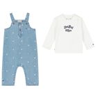 Baby Girls White & Blue Dungaree Set, 1, hi-res