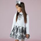 Girls White & Grey Rose Dress, 1, hi-res