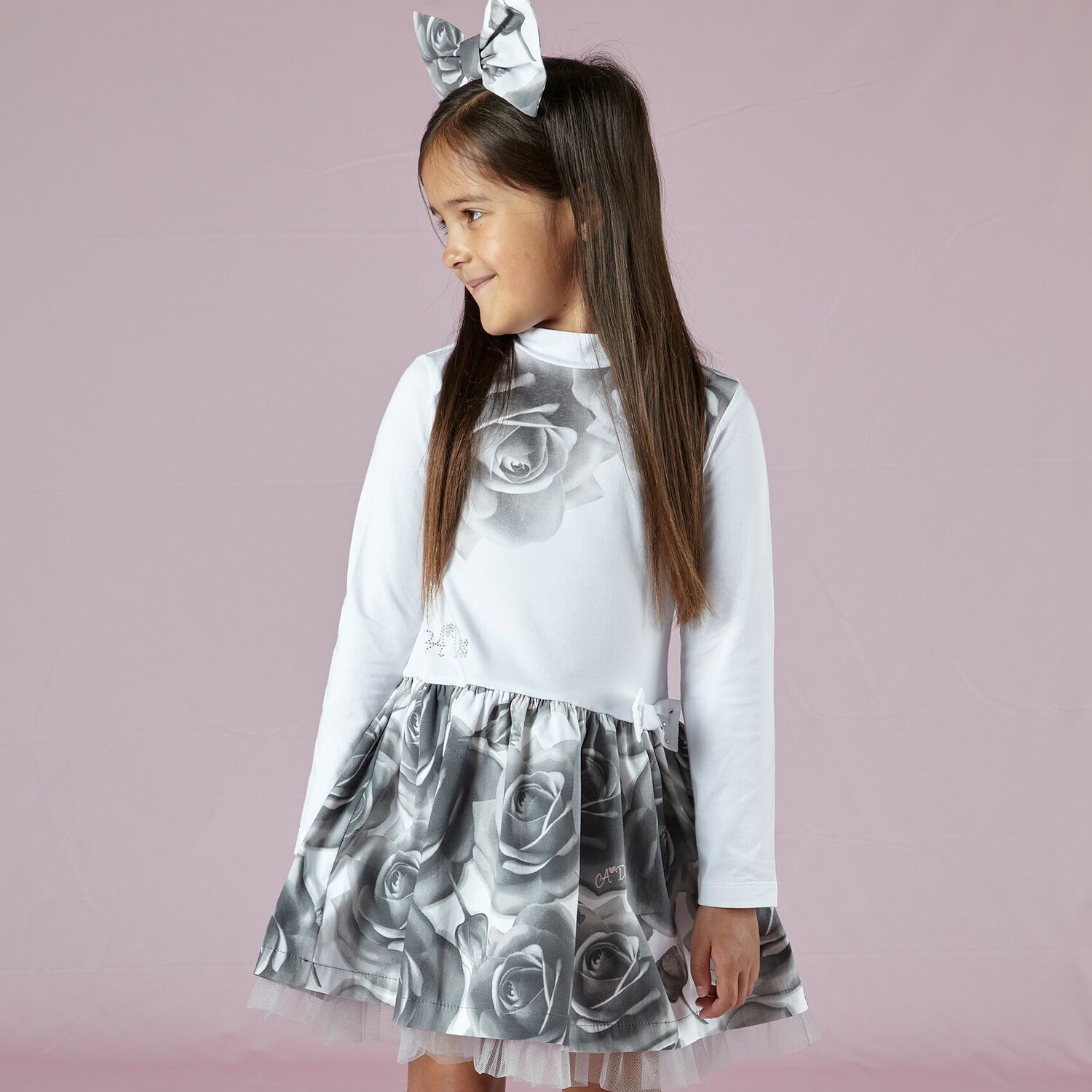 Girls White & Grey Rose Dress, 1, hi-res