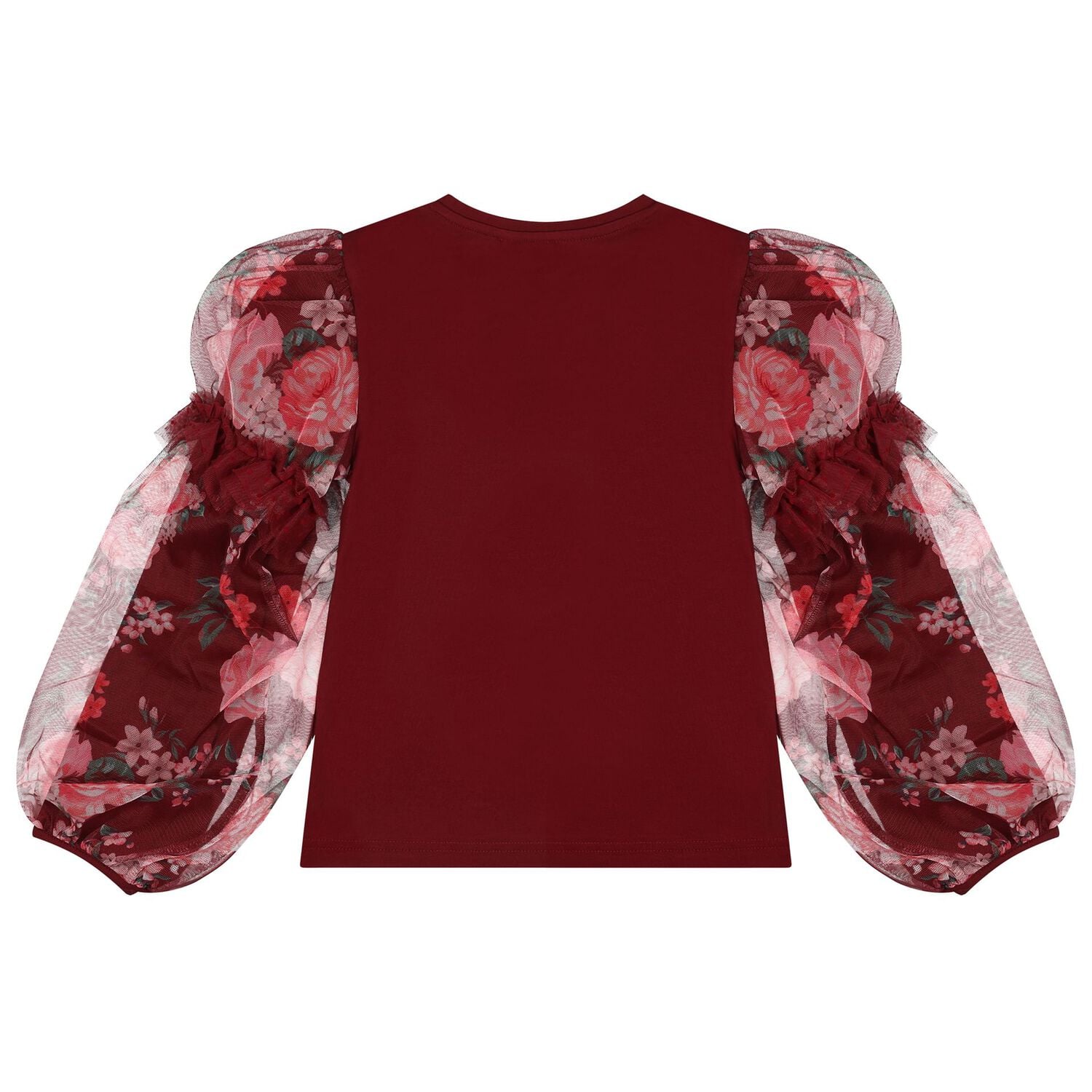 Girls Burgundy Floral Tulle Lila Long Sleeve Top, 1, hi-res