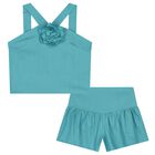 Girls Blue Flower Shorts Set, 1, hi-res