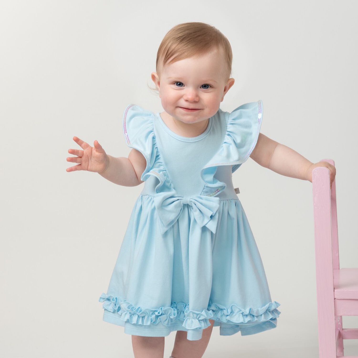 Baby Girls Blue Ruffle Dress, 1, hi-res
