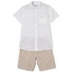 Boys White & Beige Shorts Set, 1, hi-res