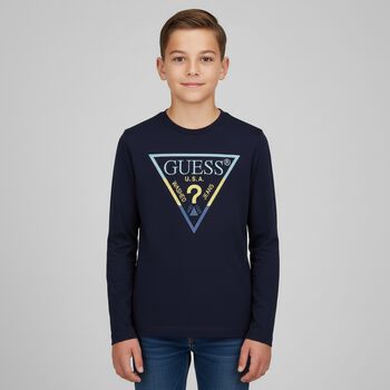 Boys Navy Blue Logo Long Sleeve Top, 2 Boys Navy Blue Logo Long Sleeve Top