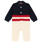 Baby Boys Navy Blue & Beige Logo Romper, 1, hi-res
