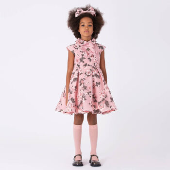 Girls Pink Floral Organza Brocade Dress