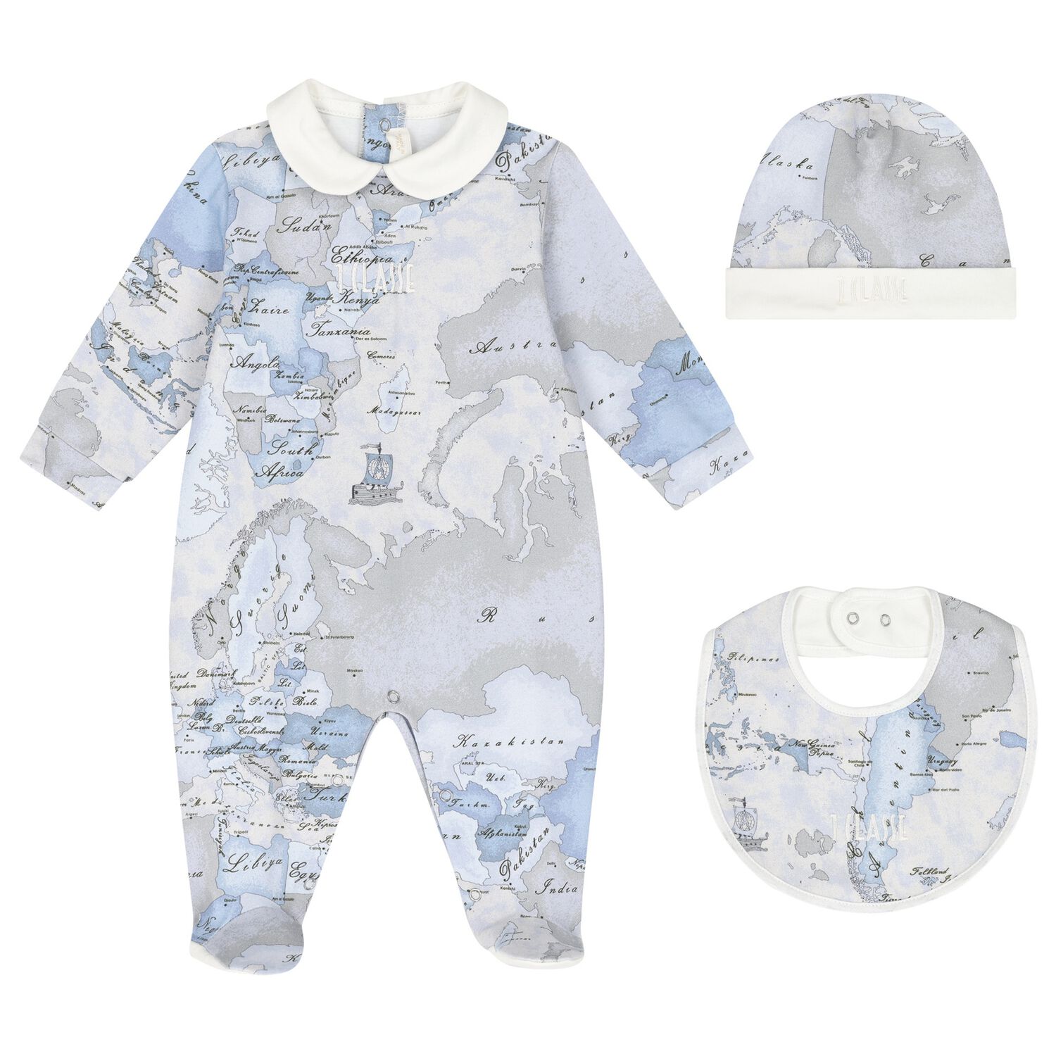 Baby Boys Blue & Grey Geo Map Babygrow Gift Set, 3, hi-res