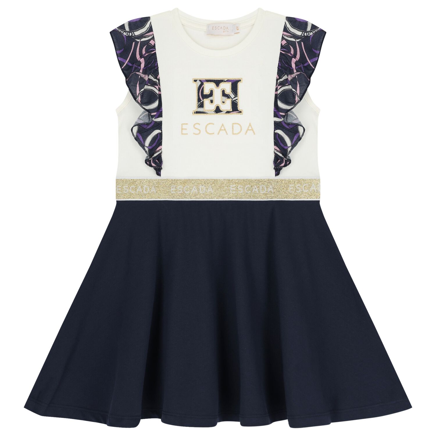 Girls Ivory & Navy Blue Ruffled Dress, 1, hi-res