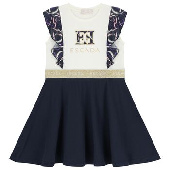 Girls Ivory & Navy Blue Ruffled Dress
