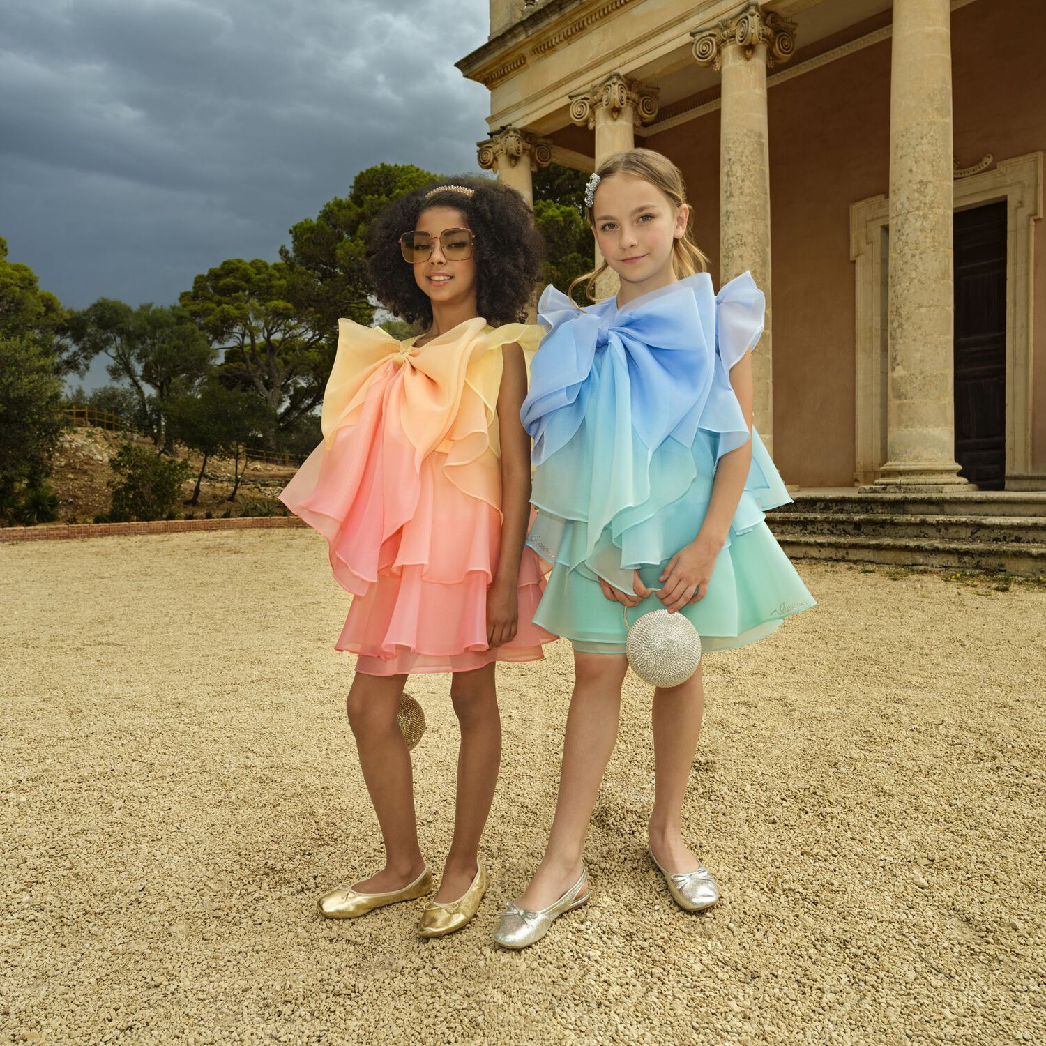 Girls Pink & Yellow Bow Layered Dress, 1, hi-res image number null