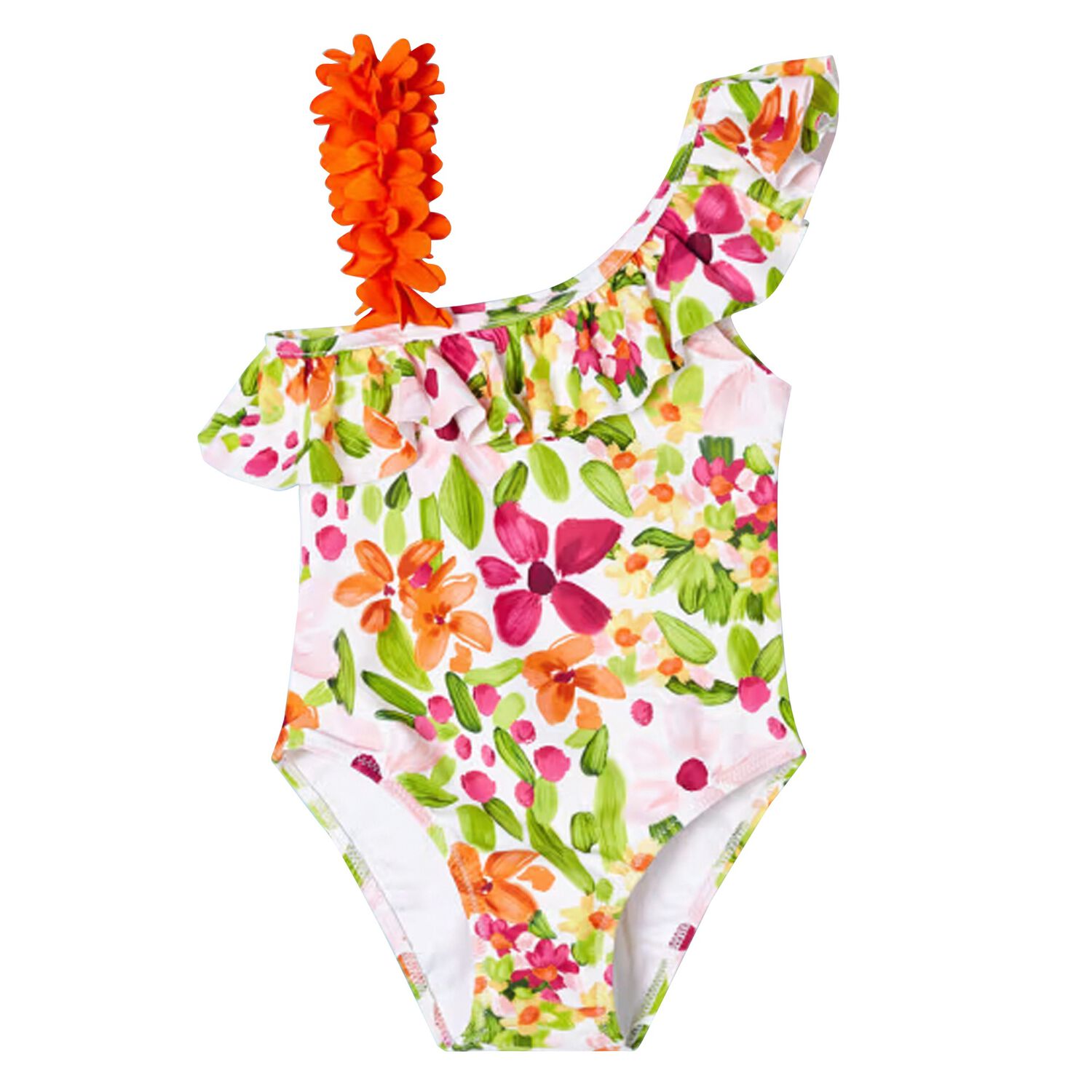 Girls Green & Orange Floral Swimsuit, 1, hi-res image number null