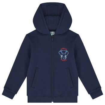 Boys Navy Blue Elephant Logo Hooded Zip Up Top