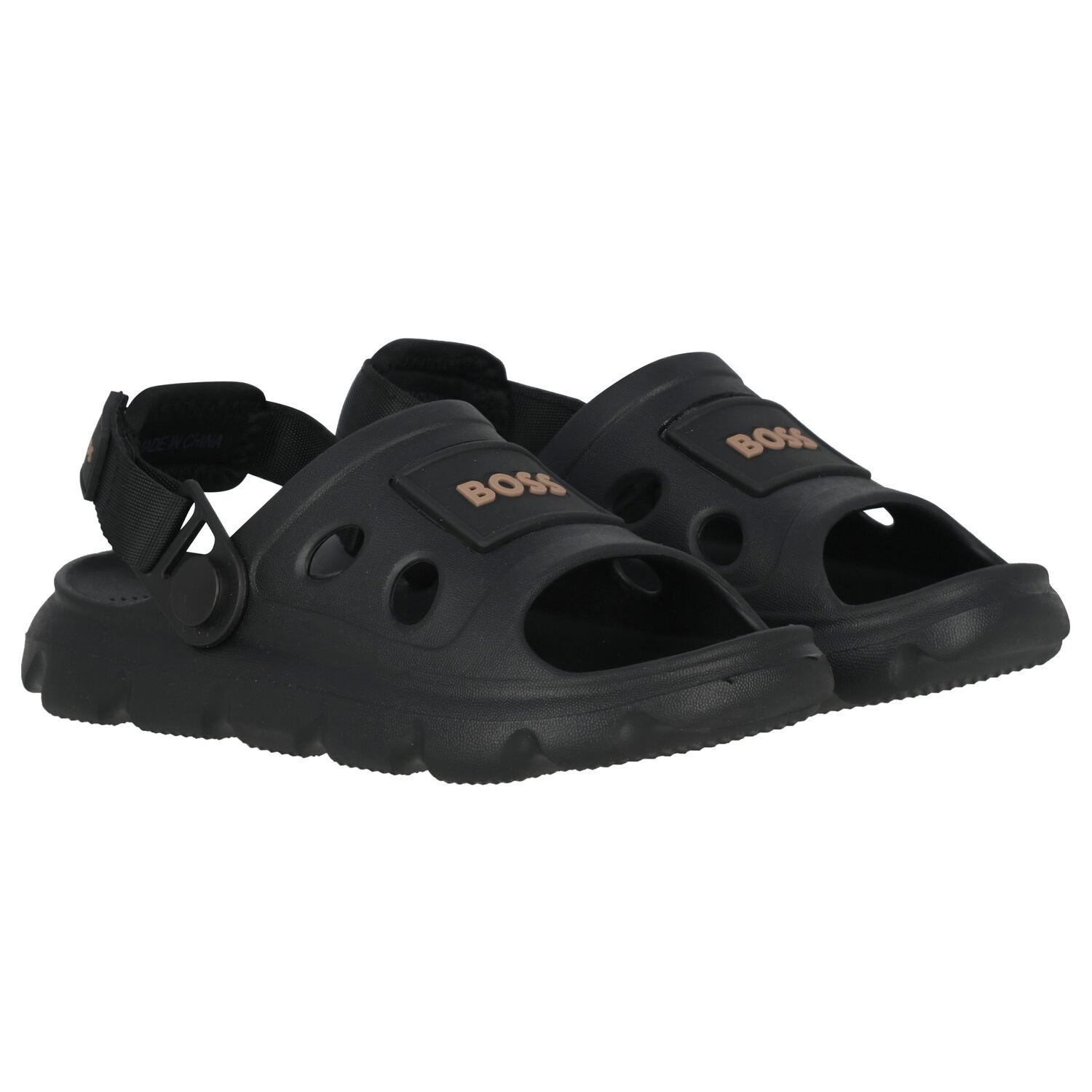Boys Black Logo Sandals, 1, hi-res