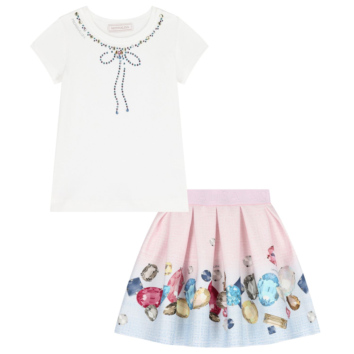 Girls Ivory, Pink & Blue Jewel Skirt Set, 1, hi-res image number null