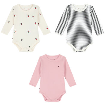 Baby Girls Multi-Colored Logo Ribbed Bodysuits (3-Pack)