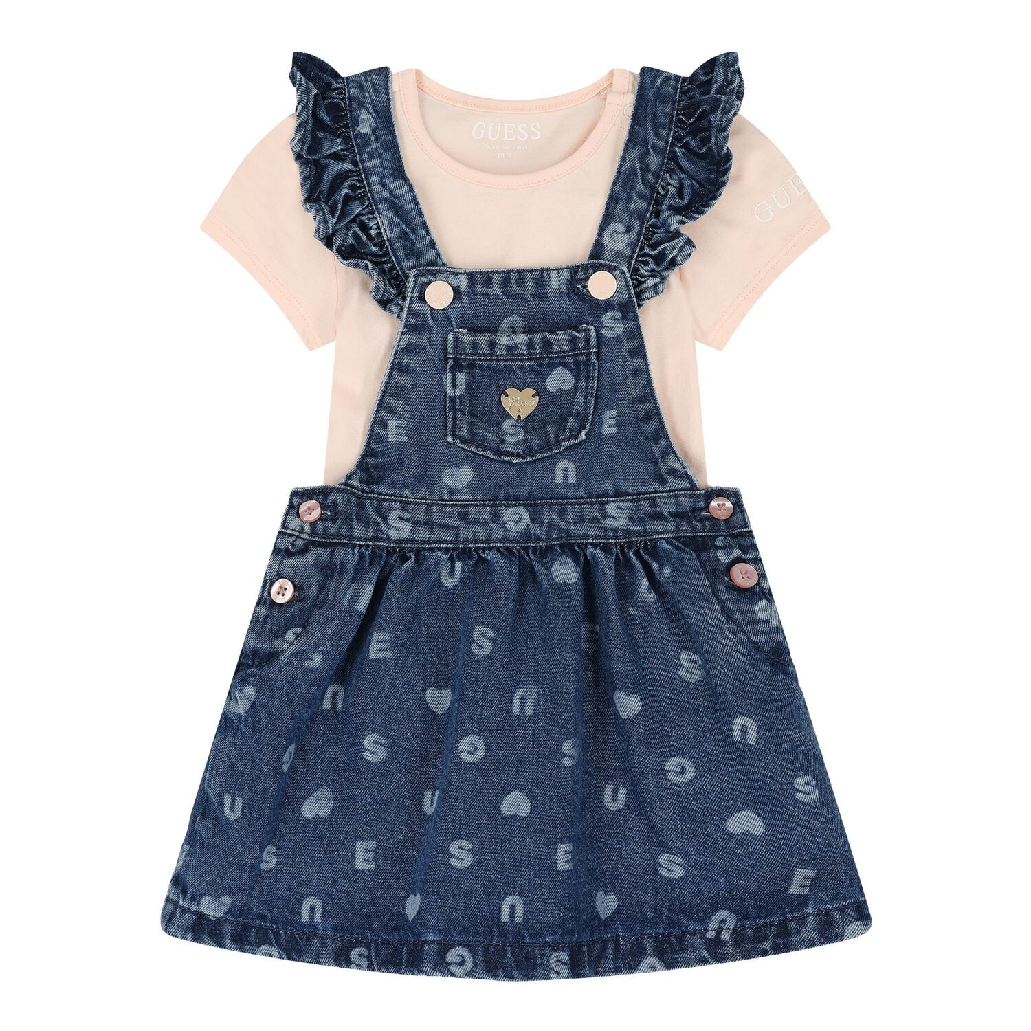 Baby Girls Pink & Denim Blue Dungaree Set, 1, hi-res