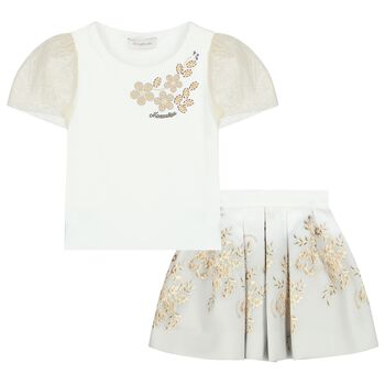 Girls White & Gold Skirt Set