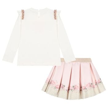 Girls Ivory & Pink Rose Skirt Set