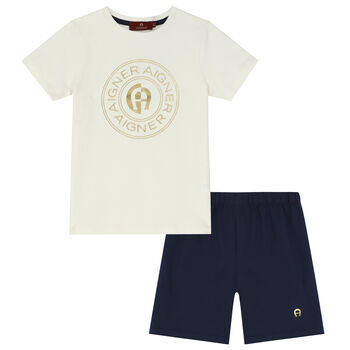 Boys Ivory & Navy Logo Pyjamas