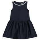 Girls Navy Blue Pearl Satin Dress, 1, hi-res