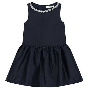 Girls Navy Blue Pearl Satin Dress