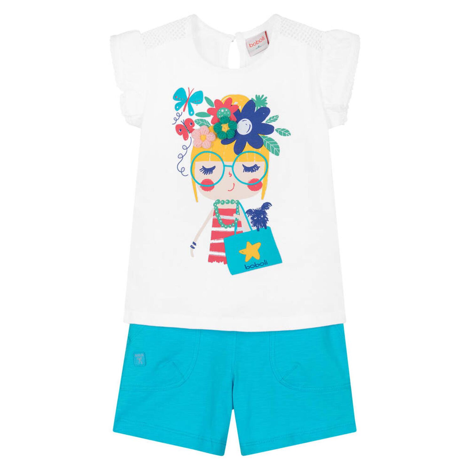 Girls White & Blue Flower Shorts Set, 1, hi-res image number null
