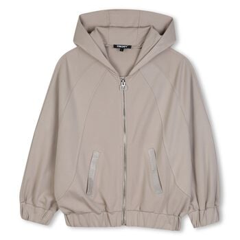 Girls Beige Embellished Hooded Zip Up Top