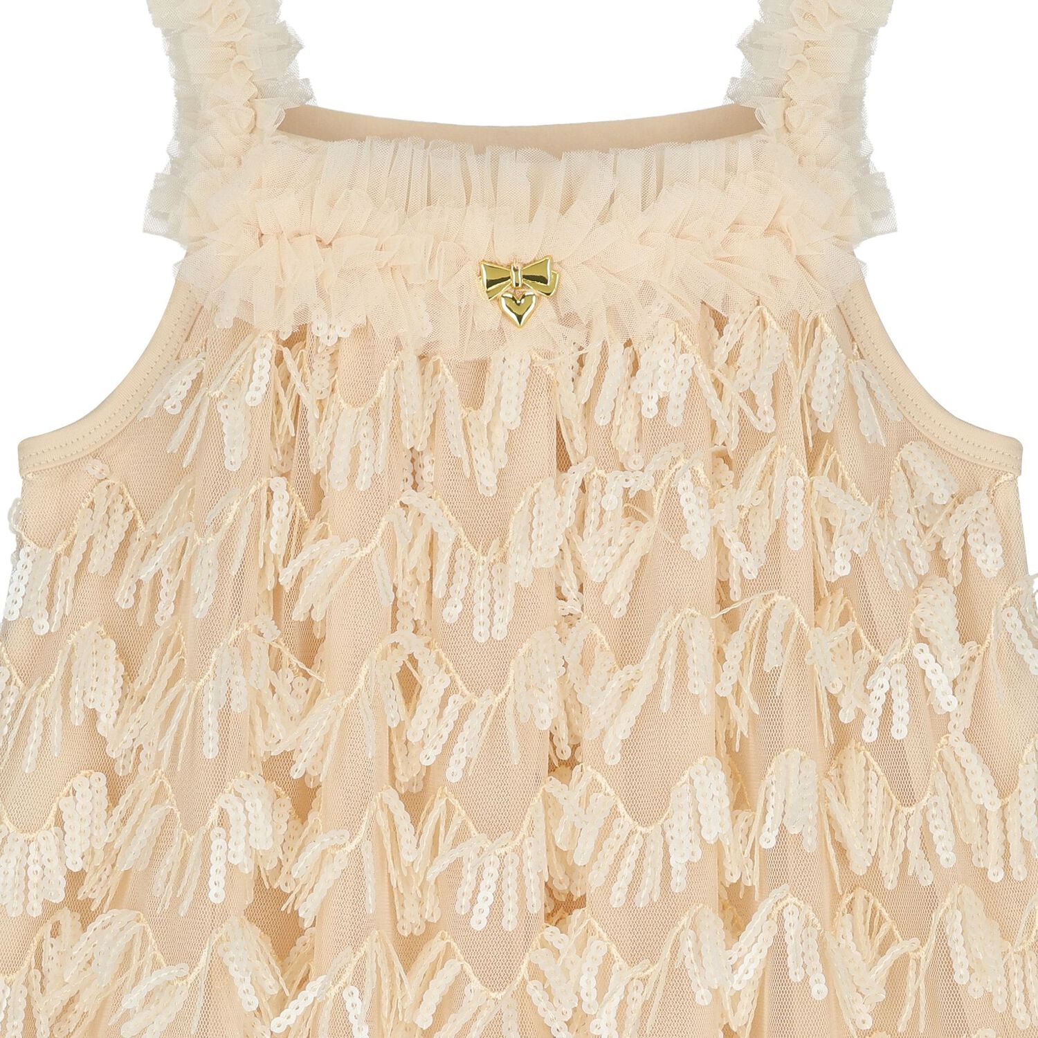 Girls Beige Sequin Tulle Dress, 1, hi-res