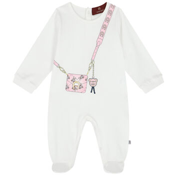 Baby Girls White Pima Cotton Logo Bag Babygrow