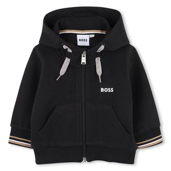 Younger Boys Black Logo Hooded Zip Up Top