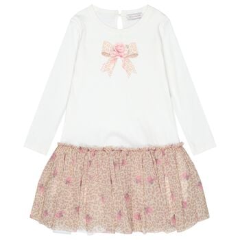 Girls Ivory & Beige Bow Tulle Dress 