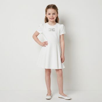 Girls White Diamante Logo Pleated Dress