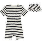 Navy Blue & Ivory Striped Logo Romper & Hat Baby Set, 1, hi-res
