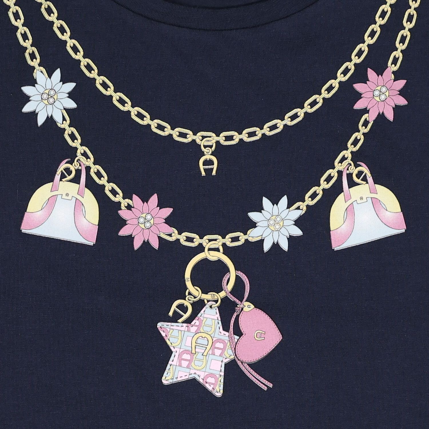 Girls Navy Blue Necklace Logo T-Shirt, 1, hi-res