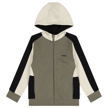 Boys Green, Black & Ivory Logo Hooded Zip Up Top