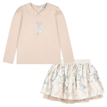 Girls Ivory & Beige Key Skirt Set