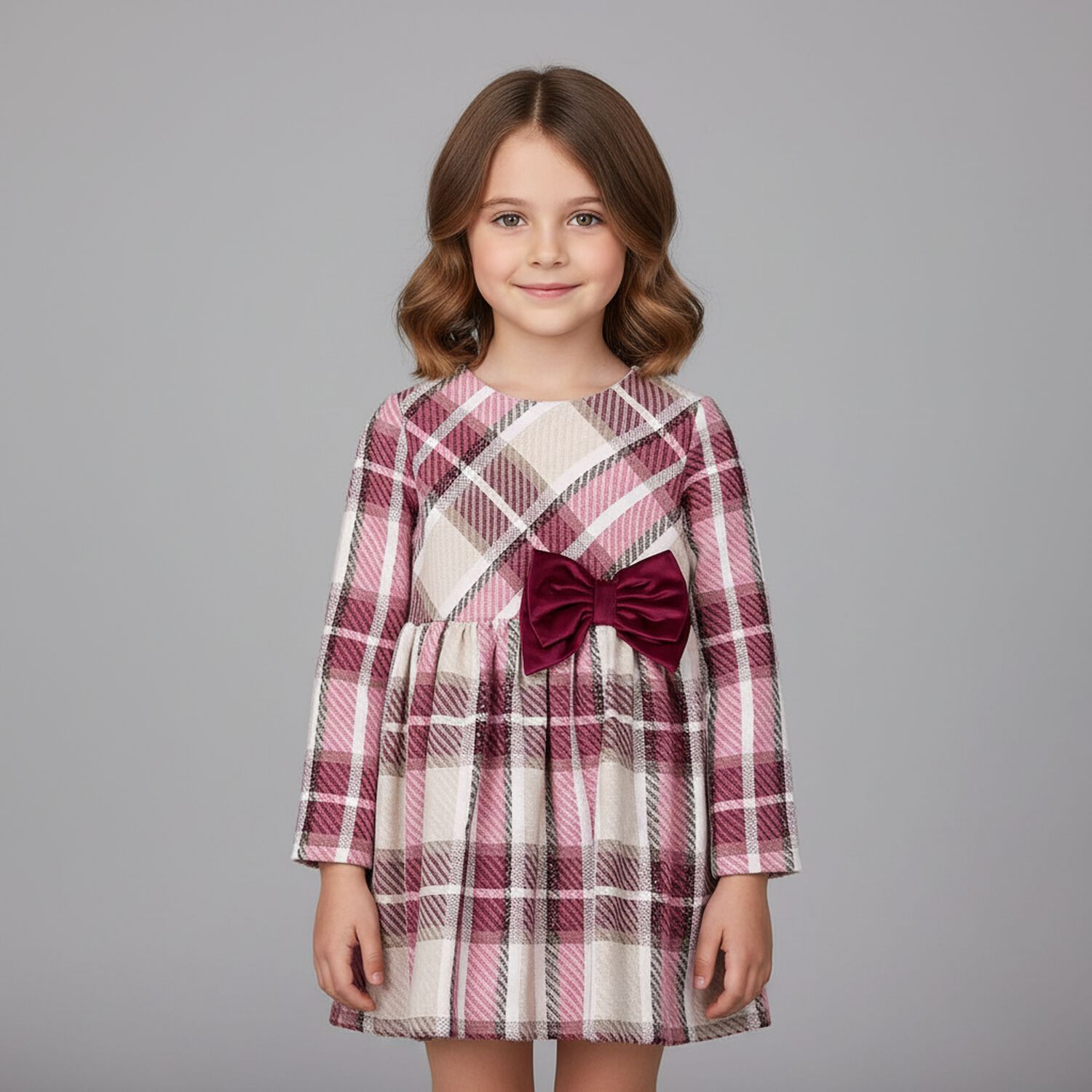 Girls Red & Beige Bow Tartan Dress, 1, hi-res