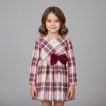 Girls Red & Beige Bow Tartan Dress