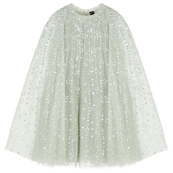 Girls Green Sequin & Star Tulle Cape Dress