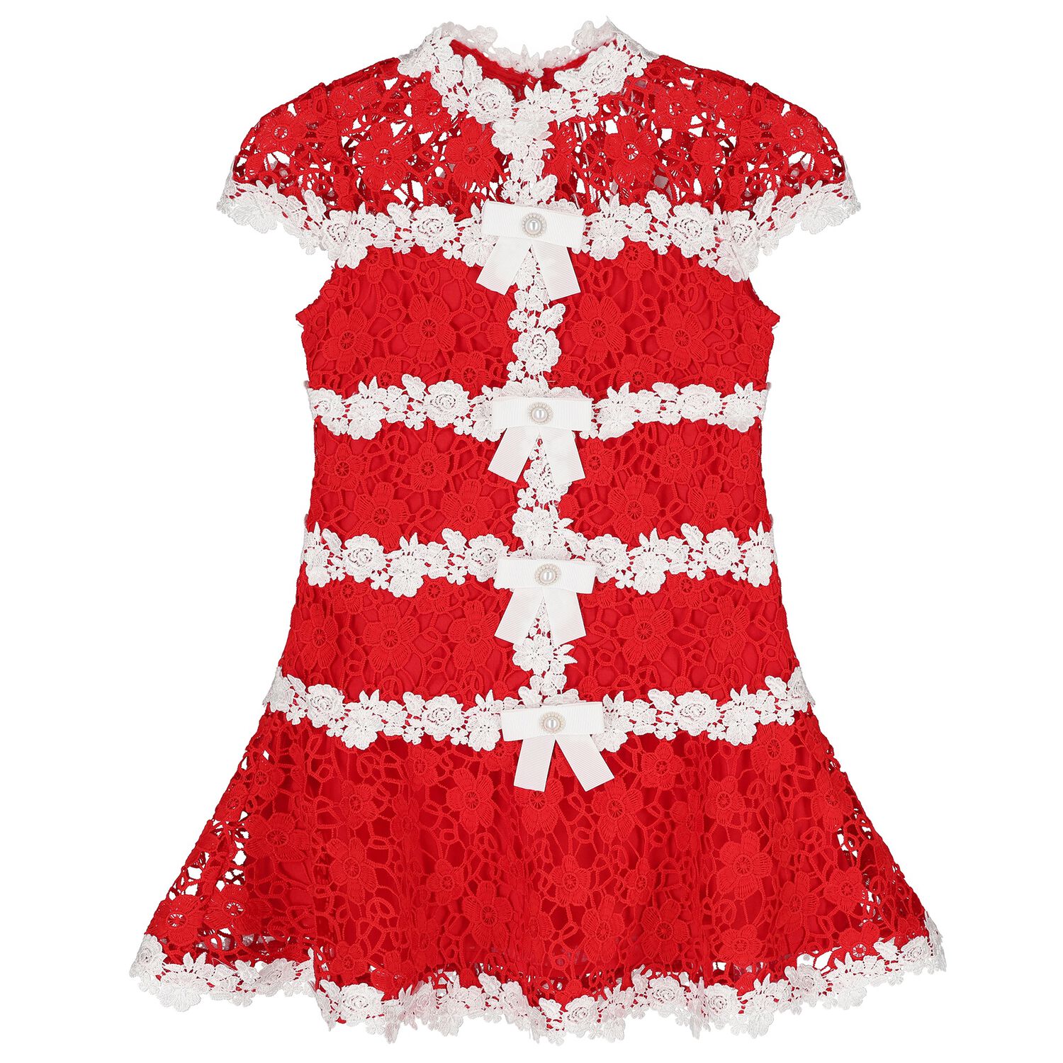 Girls Red & White Embroidered Floral Dress, 1, hi-res