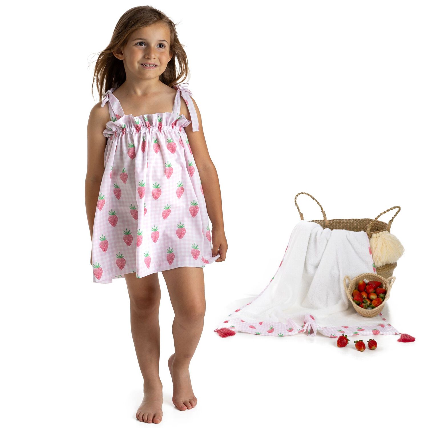 Girls White & Pink Gingham Strawberries Beach Dress, 4, hi-res