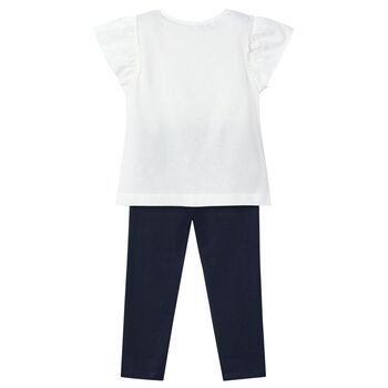 Girls White & Navy Blue Floral Leggings Set