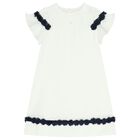 Girls Ivory & Navy Blue Flower Crepe Dress, 1, hi-res