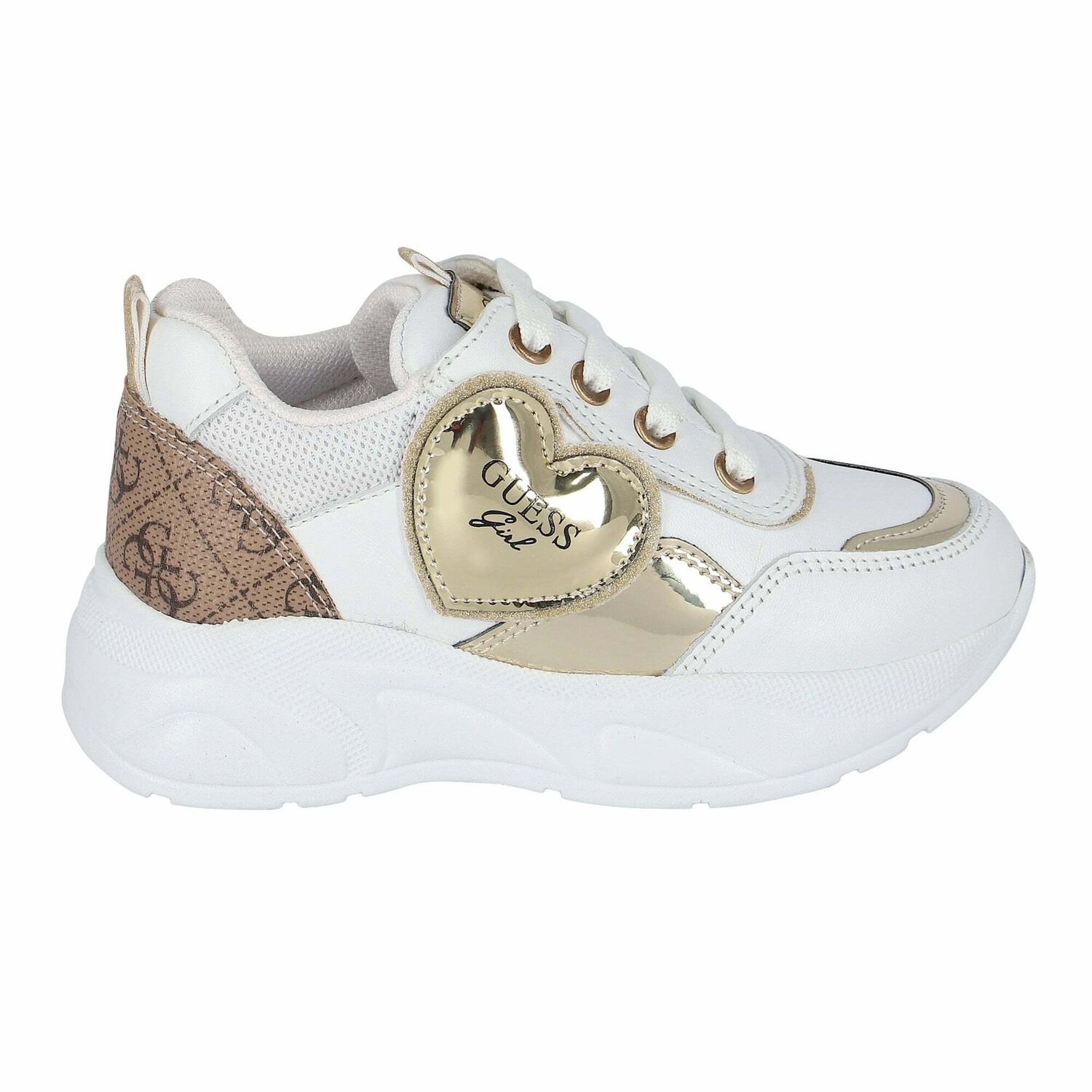 Girls White & Gold Logo Trainers, 1, hi-res